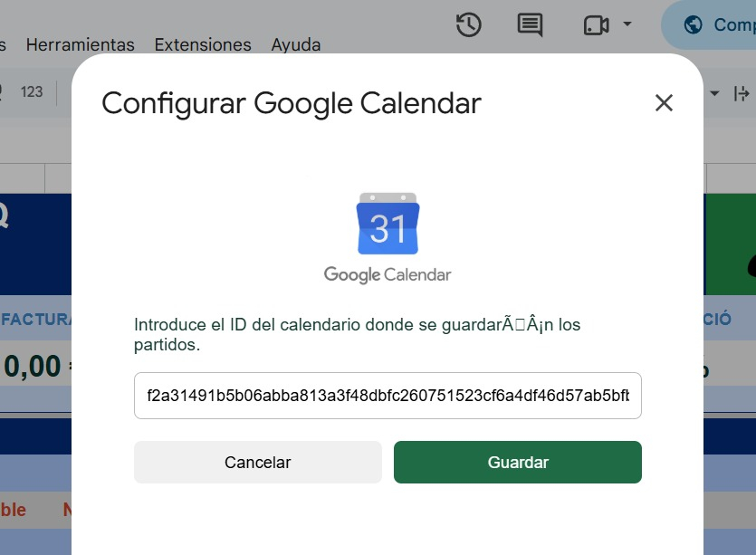 Campo ID DEL CALENDARIO en la hoja de configuración de la app